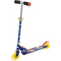 Blue Sonic the Hedgehog foldable scooter with LED light-up yellow wheels and black foam handle grips.