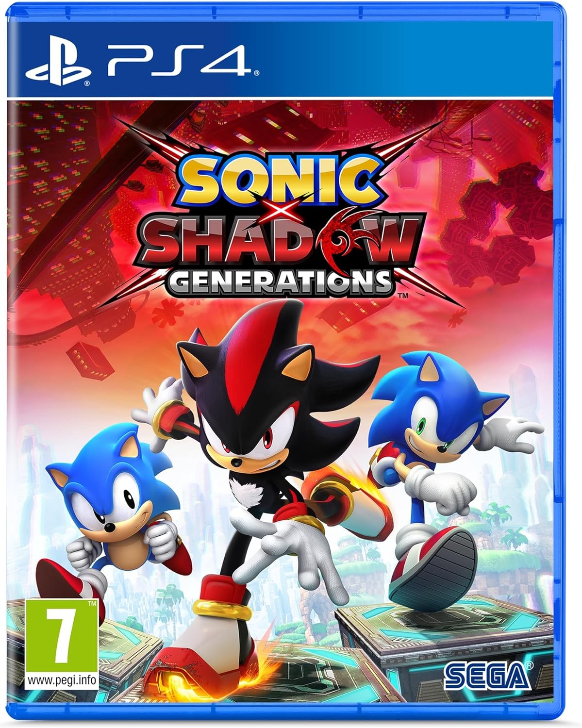 Sonic and Shadow characters in dynamic poses on a vibrant, colorful game cover, featuring a futuristic background and the title "Sonic X Shadow Generations" prominently displayed.