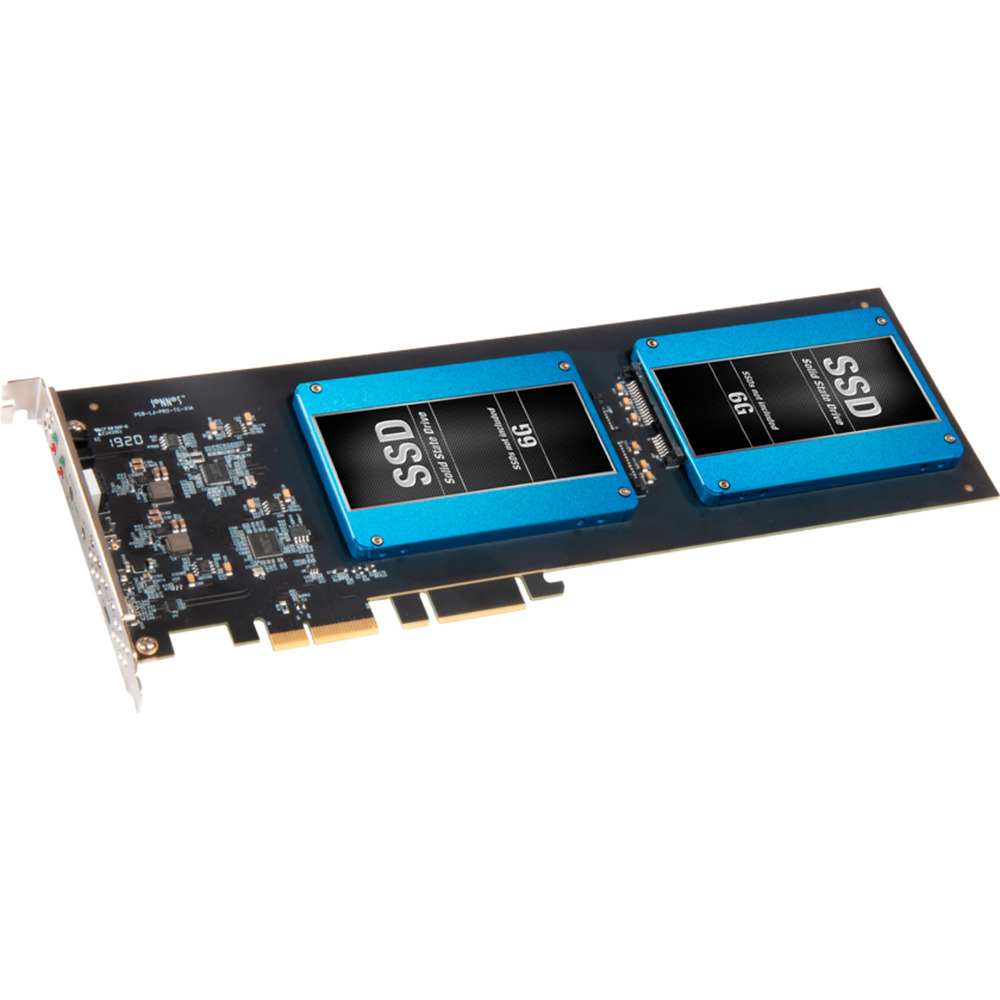 Sonnet Fusion Dual 2.5-inch SSD RAID features a black circuit board with two blue SSD enclosures, showcasing sleek design and high-performance storage capabilities.
