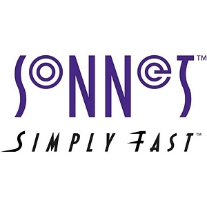 Sonnet G10E-SFP-LR Network Transceiver Module in metallic finish, featuring SFP+ design, labeled with "Sonnet" and "Simply Fast," indicating 10,000 Mbit/s speed capability.