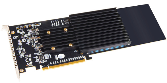 Sonnet SSD M.2 4x4 Silent PCIe Card featuring a black PCB, aluminum heatsink, multiple M.2 slots, and gold connectors for enhanced performance and cooling.