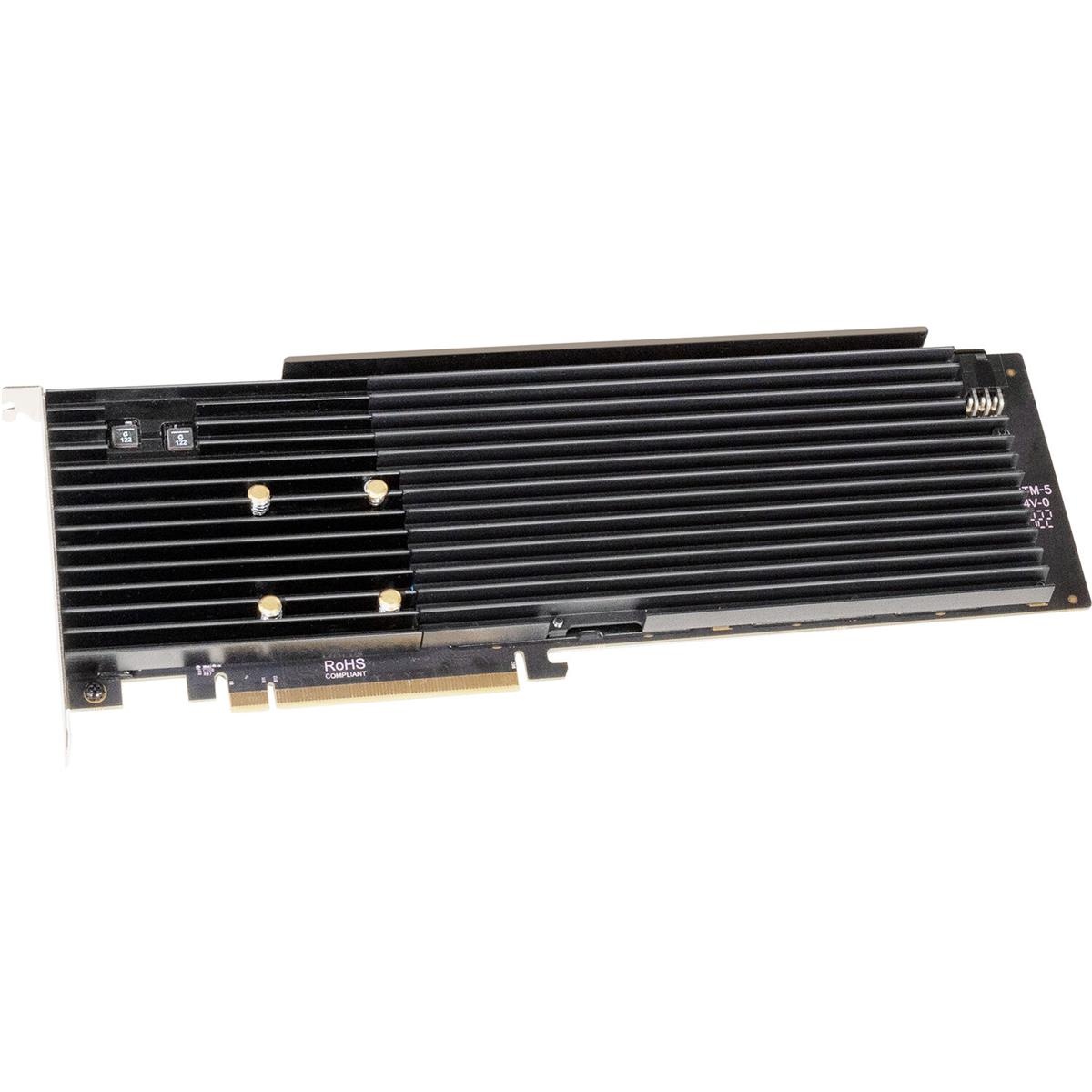 Sonnet FUS-SSD-8X4-E4S M.2 PCIe 4.0 X16 card featuring a sleek black aluminum heatsink with multiple M.2 slots for SSDs and a low-profile design for efficient cooling.