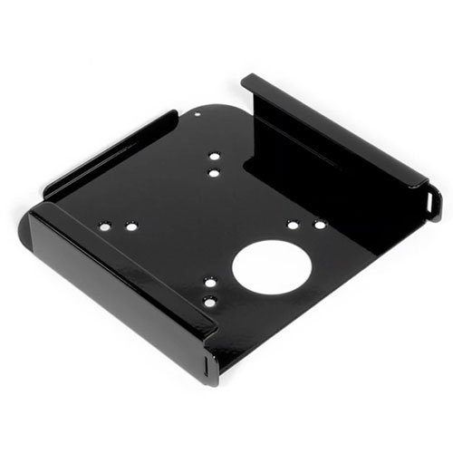 Black metal mounting bracket designed for Mac Mini, featuring cutouts for ventilation and multiple holes for secure attachment.
