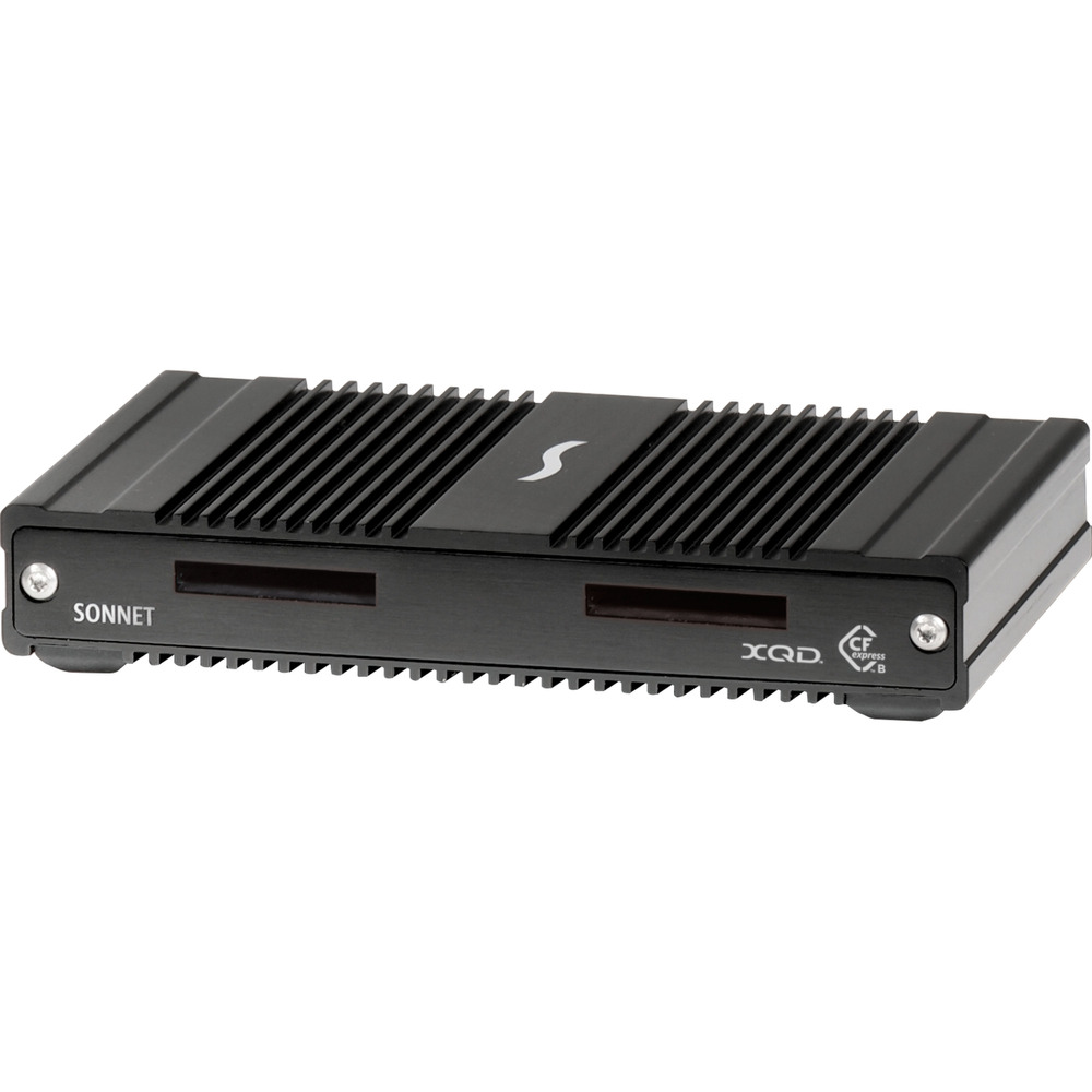 Black aluminum CFexpress/XQD Pro Card Reader with Thunderbolt 3 connectivity, featuring a ribbed design and dual card slots, marked with the Sonnet logo.
