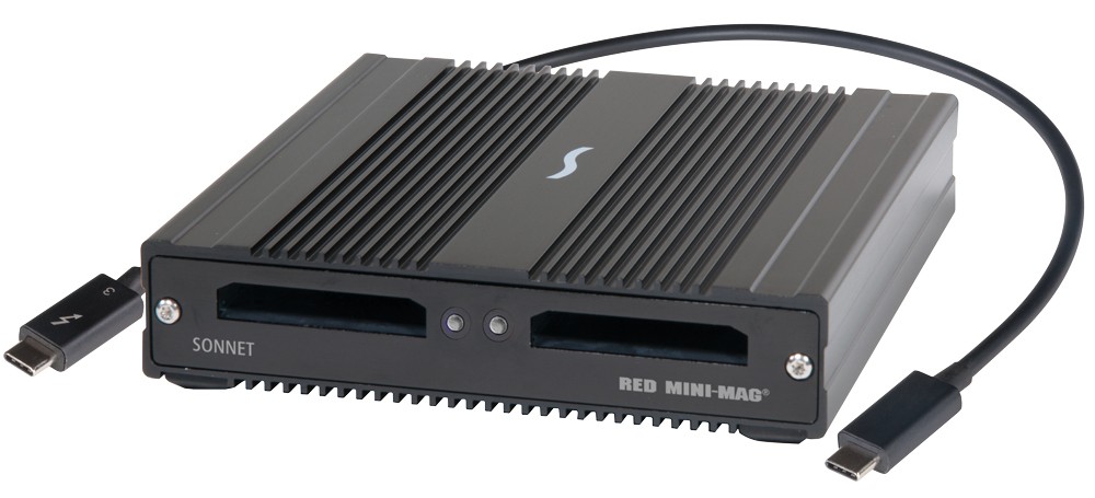 Black Sonnet SF3 Series RED MINI-MAG Pro Card Reader with Thunderbolt 3 connectivity, featuring dual card slots and a sleek, ribbed aluminum design.