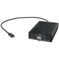 Compact black metal Thunderbolt SFP+ 10Gb Ethernet adapter with ribbed design, featuring a single SFP+ port and a connected Thunderbolt cable.