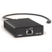 Black metal adapter with a ribbed design, featuring a Thunderbolt 3 port and a 10 Gigabit Ethernet port, labeled "SONNET" on the front.