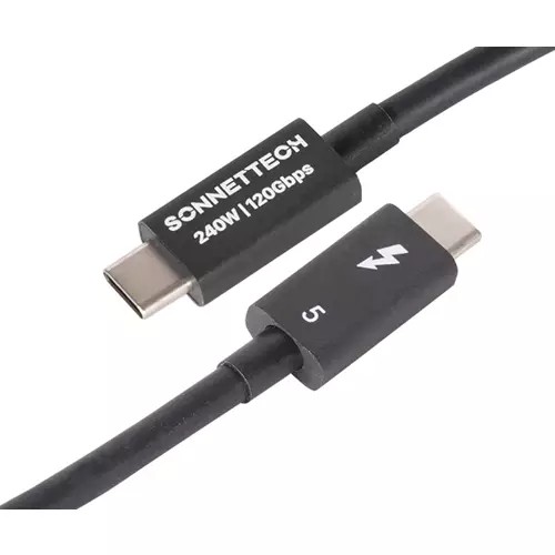 Black Thunderbolt cable featuring USB-C connectors on both ends, labeled with "SONNET" and a lightning bolt symbol, designed for high-speed data transfer up to 80 Gbit/s.