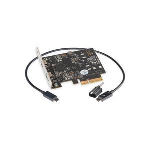 Thunderbolt 3 upgrade kit featuring a black circuit board with gold connectors, accompanied by a black Thunderbolt 3 cable and a Thunderlok 3 connector for secure attachment.
