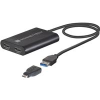 Black Sonnet DisplayLink Dual HDMI Adapter with two HDMI ports and a USB connector, designed for dual 4K 60Hz output compatible with Macs, Windows, and Chromebook computers.