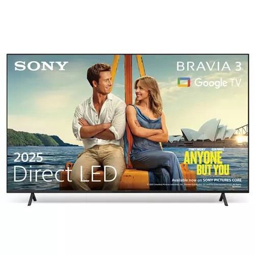 Sony Bravia 3 K43S35BP.UKA TV featuring a sleek black frame, Direct LED technology, and vibrant display with promotional content for "Anyone But You" on Google TV.