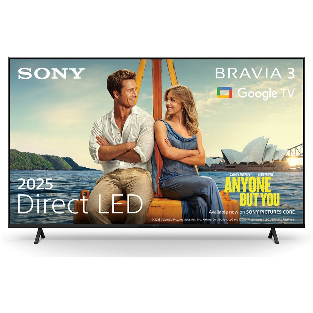 Sony Bravia 3 Direct LED TV featuring a vibrant display, sleek black frame, and two people sitting by the water, promoting the film "Anyone But You."