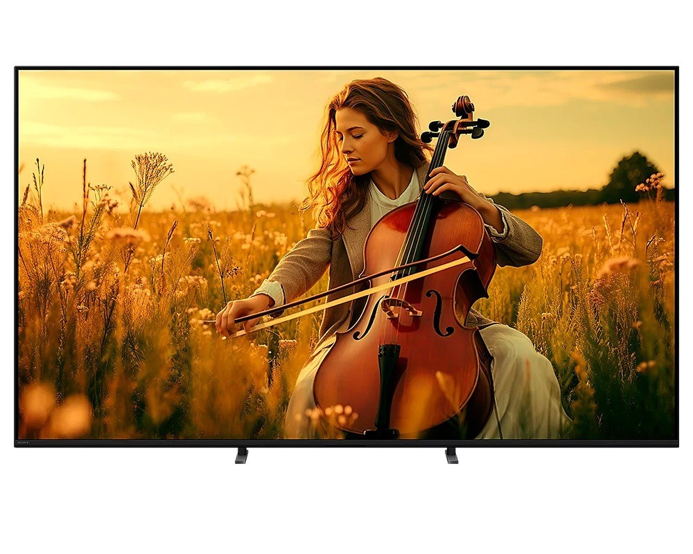 75" Sony BRAVIA 4K HDR Mini LED Smart TV displaying a serene scene of a woman playing a cello in a golden field, featuring a sleek black frame and minimal bezels.