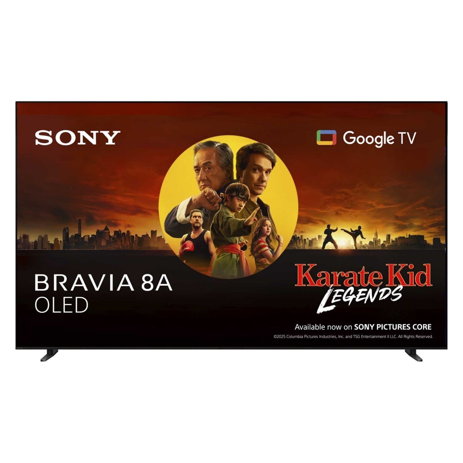 Sony Bravia 8A OLED TV featuring a vibrant display, sleek black frame, and promotional artwork for "Karate Kid Legends" with characters and a city skyline backdrop.