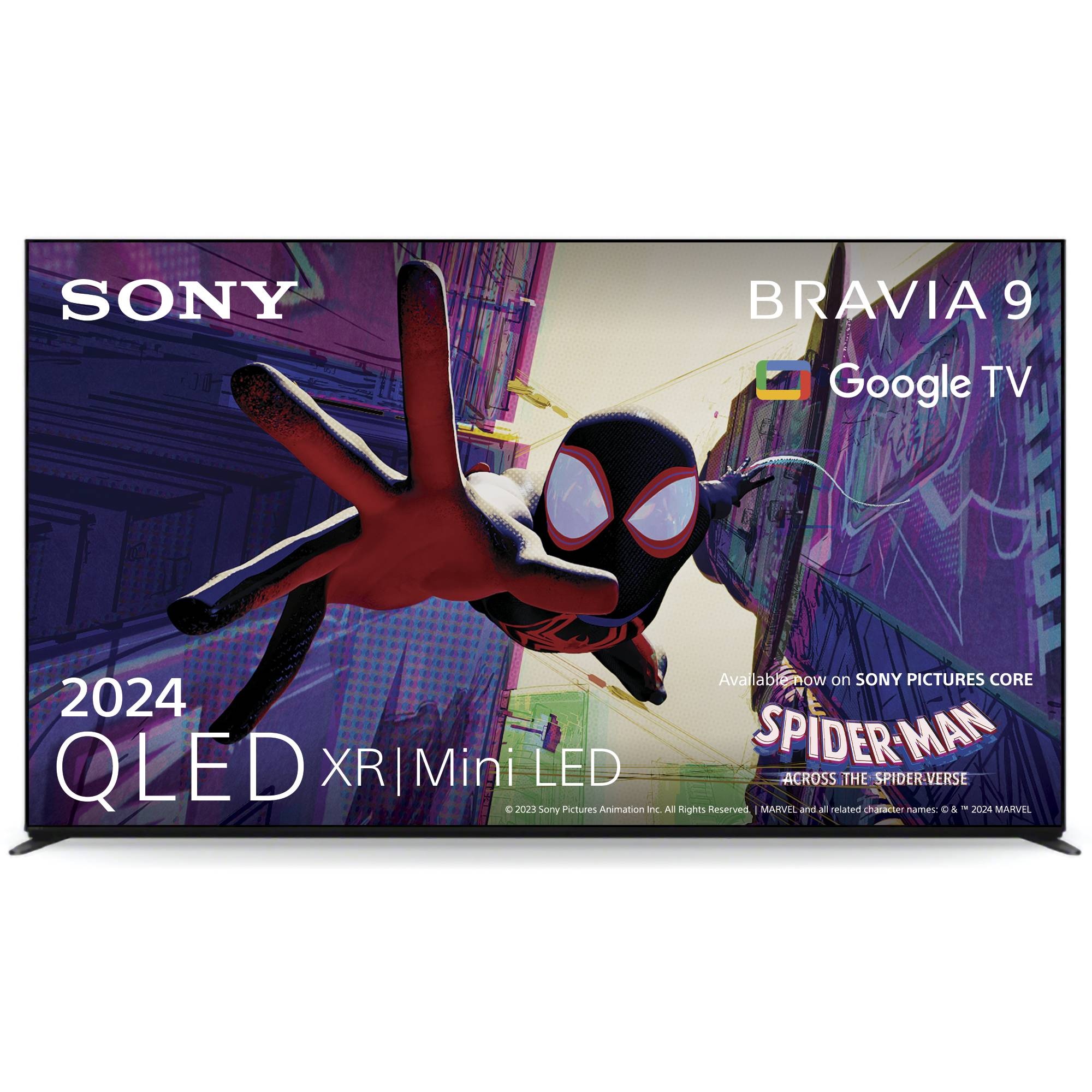Sony K75XR90PU 75" 4K Ultra HD Smart TV in black, featuring a sleek design, vibrant display with Spider-Man graphics, and Google TV integration for streaming.