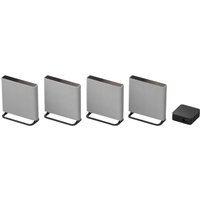 Sony BRAVIA Theatre Quad, sleek silver speakers with black stands, compact design, includes a small black control unit.