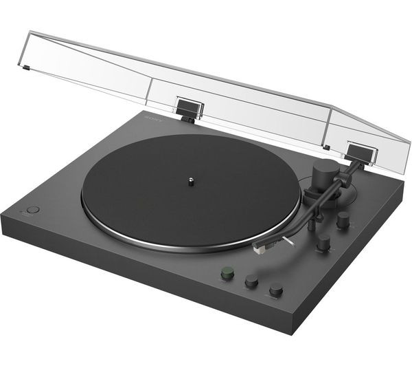 Dark grey Sony PSLX3BT.CEK belt drive turntable with a black platter, Bluetooth connectivity, auto playback feature, and a clear dust cover.