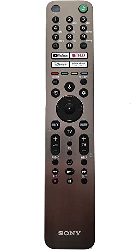 Sony RMF-X621E remote control in black with a sleek design, featuring a numeric keypad, dedicated buttons for YouTube, Netflix, and Disney+, and a central navigation circle.