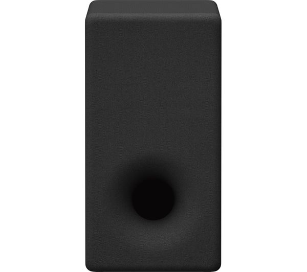 Black rectangular speaker with a smooth matte finish and a prominent front-facing bass port.