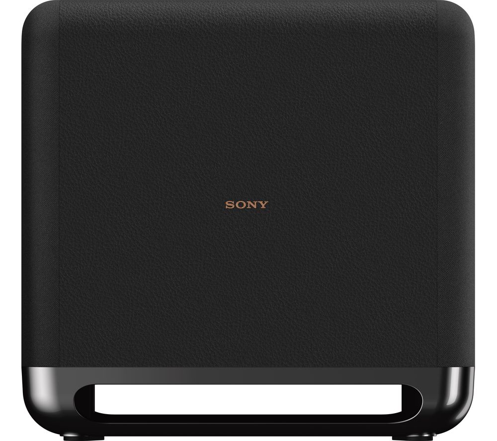 Black wireless subwoofer with a textured finish, featuring a sleek design and a metallic base, prominently displaying the Sony logo in copper.