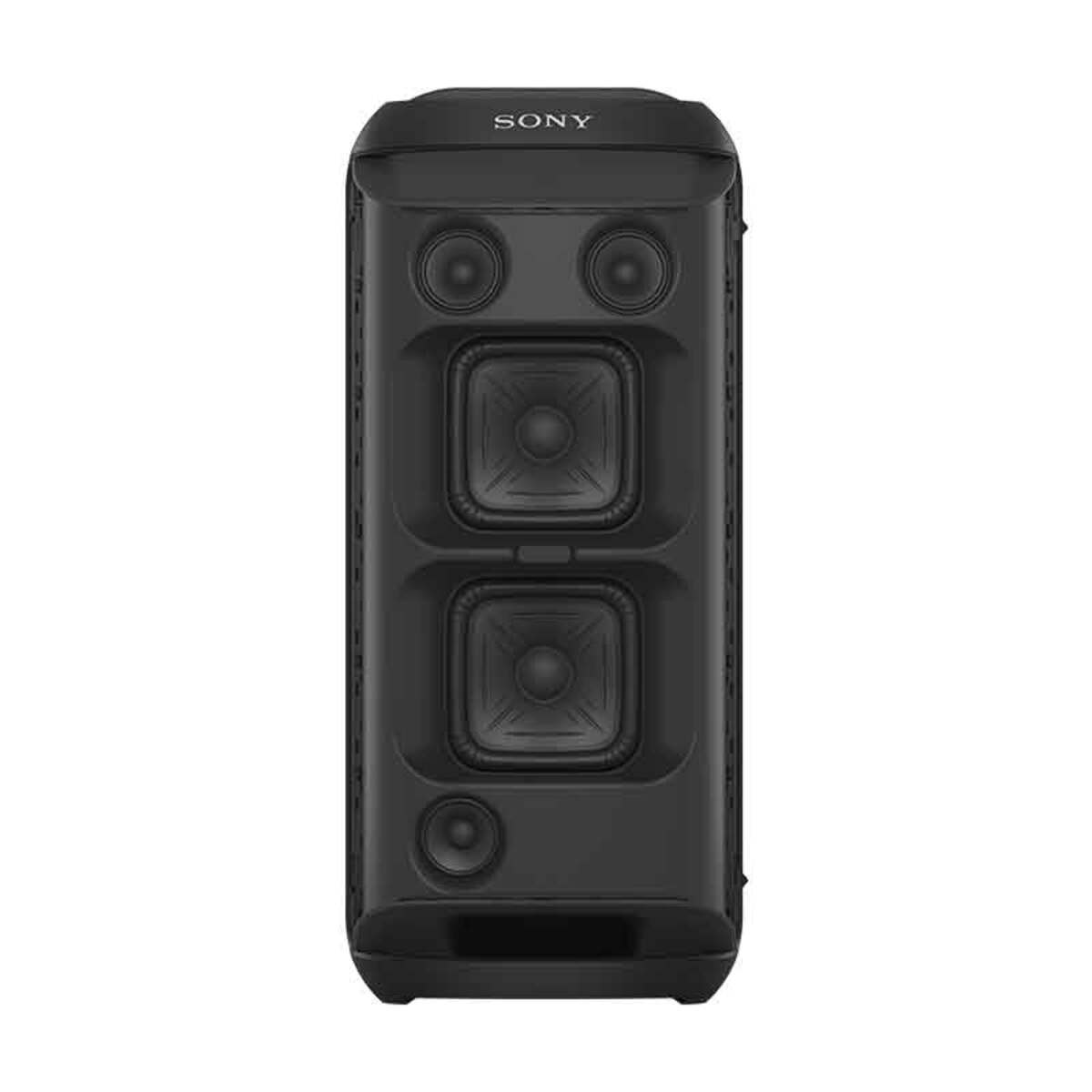Black Sony SRS-XV800 wireless party speaker featuring powerful 360 sound, MEGA BASS, and multiple speaker drivers, designed for indoor and outdoor use with vibrant lighting.