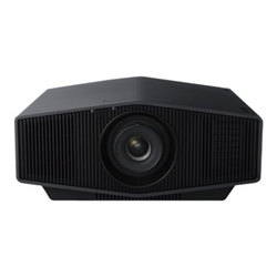 Sony VPL-XW5000 projector in sleek black design, featuring a prominent lens at the center, ventilation grilles on the sides, and a modern, angular shape.