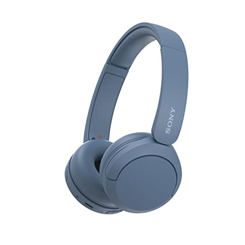 Wireless Sony WH-CH520 headset in a soft blue color, featuring a sleek headband, cushioned ear cups, USB Type-C port, and Bluetooth connectivity for calls and music.
