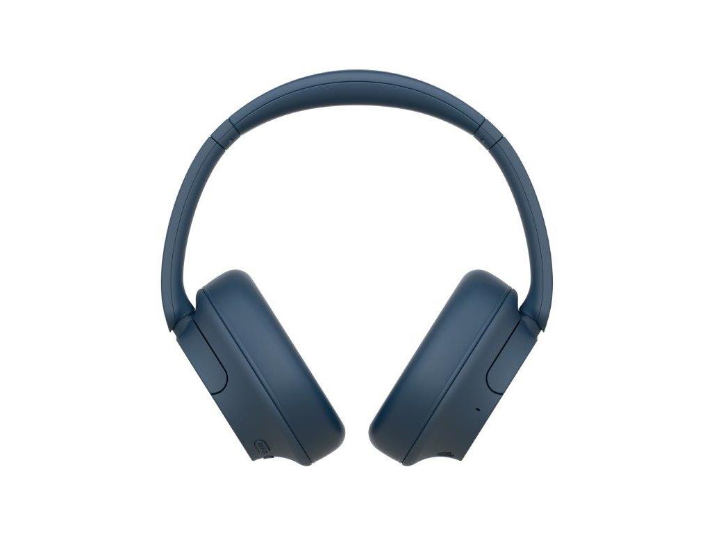 Wireless noise-cancelling headphones in a deep blue color, featuring cushioned ear cups and a sleek, minimalist design with adjustable headband.