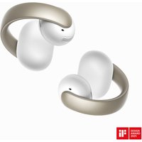 Champagne and white open-ear wireless earbuds with sleek curved design for calls, music, and sport use.