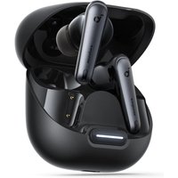 Black Soundcore Liberty 4 NC wireless in-ear headphones with sleek design, charging case, and Bluetooth connectivity.