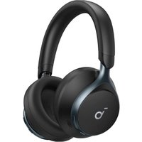 Black Soundcore Space One headset with cushioned ear cups and adjustable headband, featuring Bluetooth connectivity.