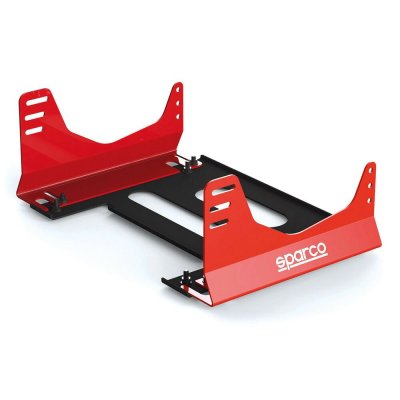 Red and black metal mounting brackets designed for racing seats, featuring adjustable slots and the Sparco logo prominently displayed on the front.