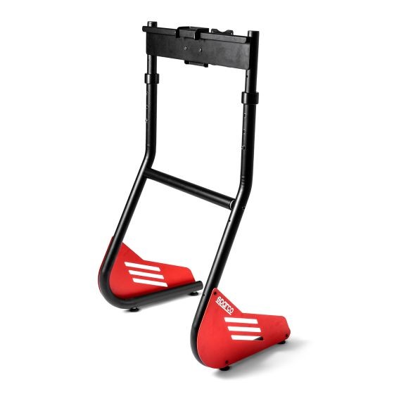 Sparco Evolve Pro Sim Racing Single Monitor Stand features a sturdy black metal frame with red plastic base supports, designed for stability and adjustable monitor height.