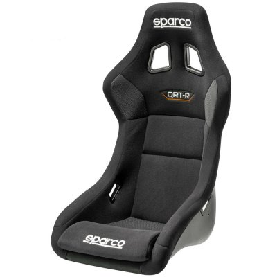 Black fiberglass composite gaming seat with non-slip QRT-R fabric, featuring a sleek design, ergonomic shape, and Sparco branding on the seat and headrest.