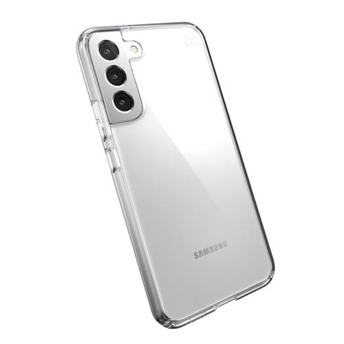 Clear, flexible case for Samsung Galaxy S22+, featuring precise cutouts for camera and buttons, with a glossy finish that highlights the phone's design.