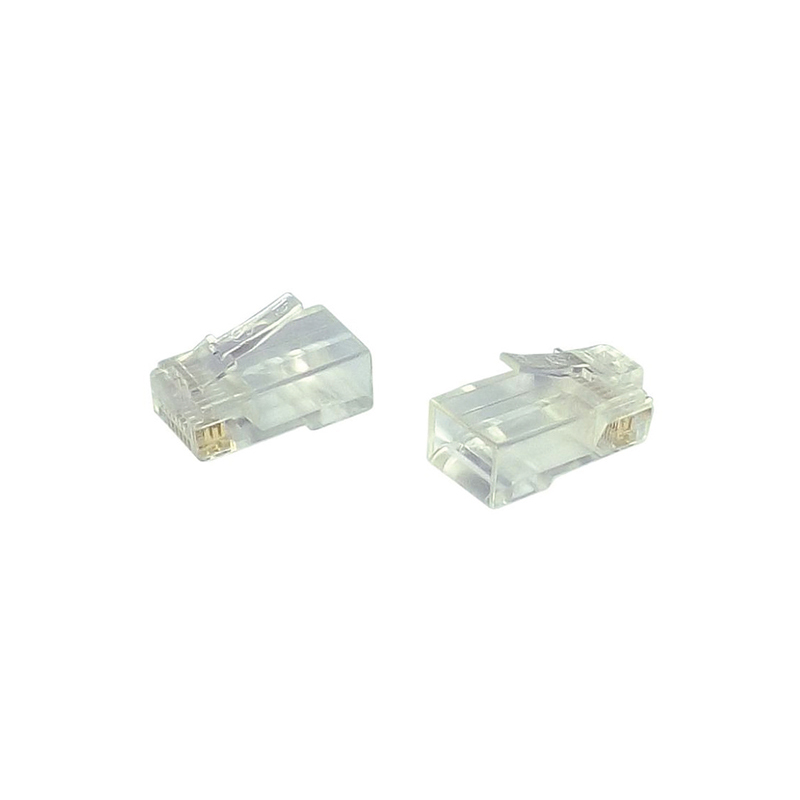 Clear plastic RJ45 Cat6 plugs with gold contacts, featuring a transparent design, sold in a pack of 10 by SPEEDY.