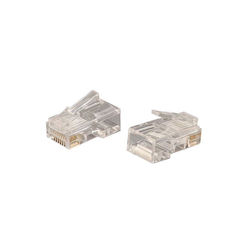 Clear plastic Speedy Cat.6 plugs designed for stranded UTP cables, featuring gold contacts and a pass-through design for easy cable termination.