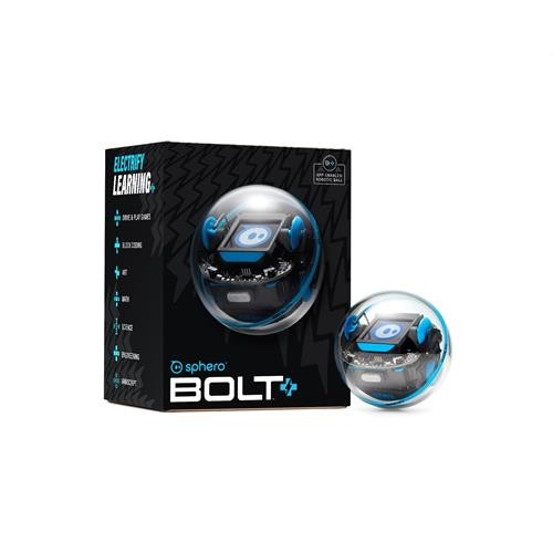 Black and blue packaging featuring the Sphero BOLT+ robot, a clear spherical design with a blue interface, promoting educational coding and interactive play for classrooms.