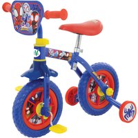 "Blue and red Spidey training bike with character graphics, removable pedals, and adjustable seat"