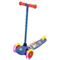 Blue 3-wheeled scooter with red handlebars, Spidey graphics, and light-up wheels.