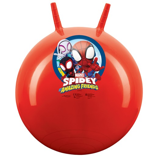 Bright red hopper ball featuring a colorful graphic of Spidey and friends, with two sturdy handles on top for gripping.