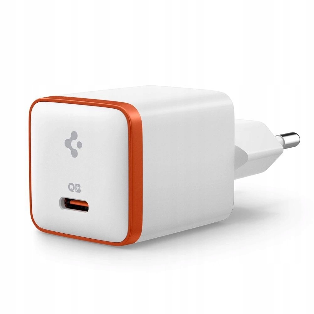 White rectangular charger with an orange trim, featuring a USB-C port, designed for charging smartphones, smartwatches, and tablets, labeled with the Spigen logo.