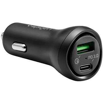 Black Spigen F31QC universal car charger with a sleek design, featuring one USB-A and one USB-C port for fast charging, made of durable plastic.