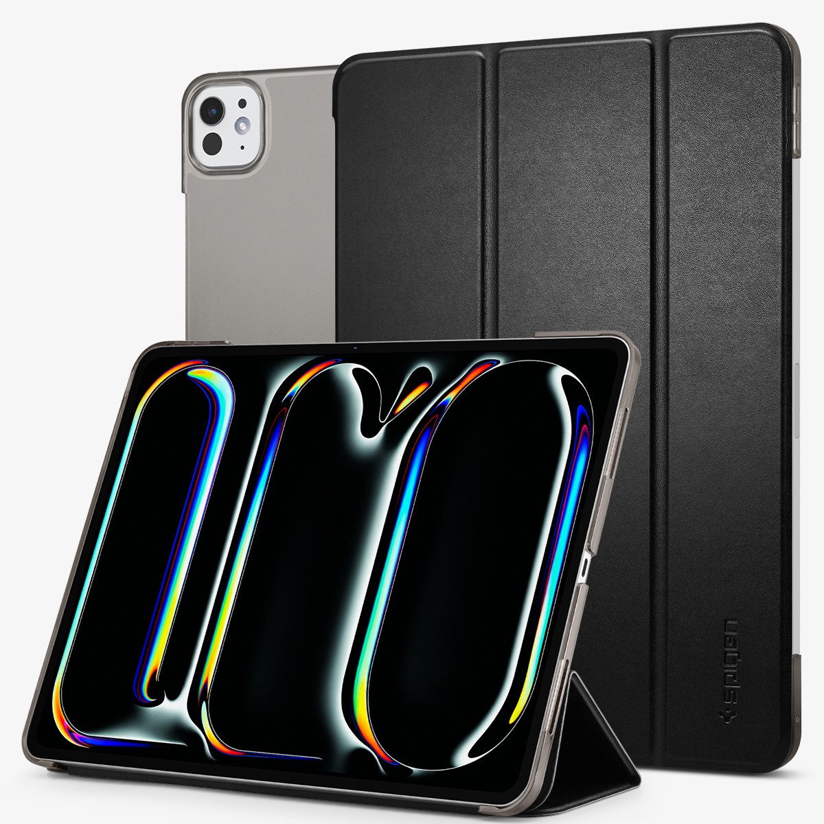 Black folio case for iPad Pro 11 (2024) with a sleek design, featuring a magnetic closure and a stand function, showcasing a vibrant tablet display.