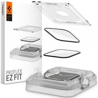 Clear SPIGEN Proflex Ez Fi Wch screen protector with installation tray, black edges, and packaging box.
