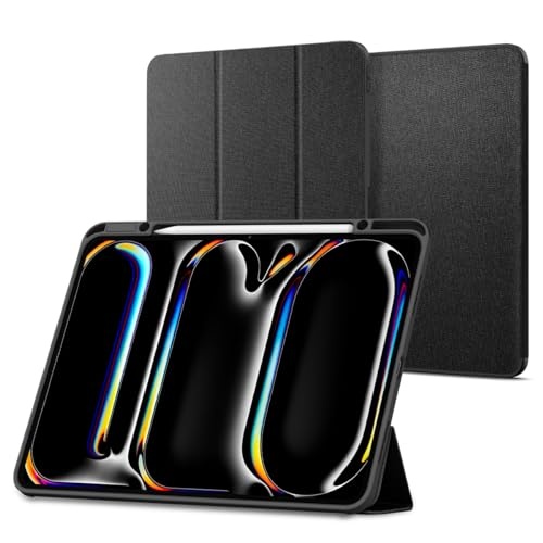 Black SPIGEN Urn Fi case for iPad Pro 13-inch, featuring a textured exterior, foldable cover for stand functionality, and precise cutouts for ports and camera.