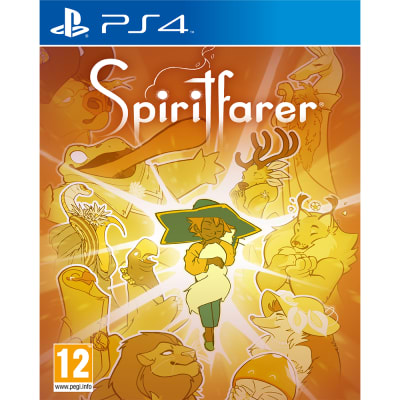 Cover art for "Spiritfarer" on PlayStation 4 features a warm orange background with illustrated characters, including animals and a central figure holding a lantern.