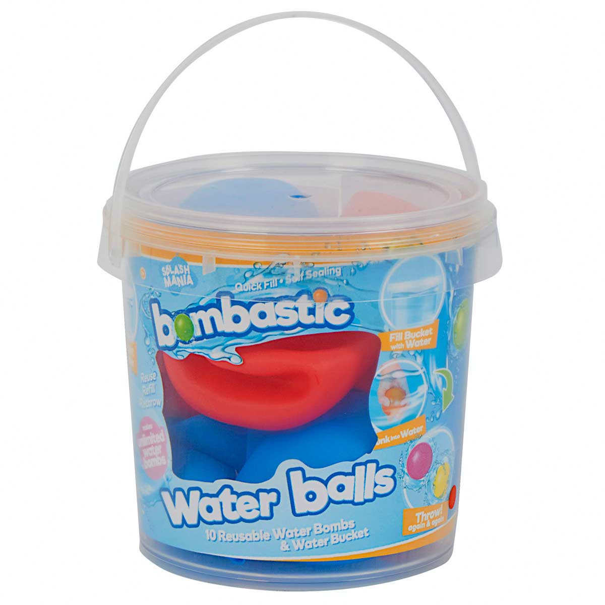 Colorful set of 10 reusable water balls in a clear bucket, featuring red and blue balls, with a playful "bombastic" label and a handle for easy transport.
