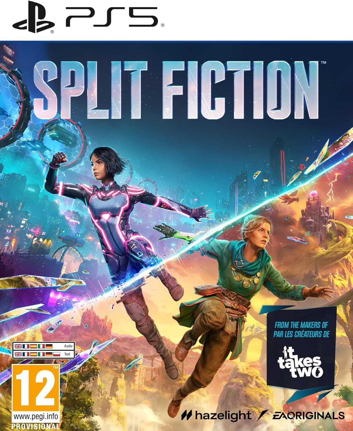 Cover art for "Split Fiction" on PS5 features two characters in vibrant colors, one in a futuristic suit and the other in medieval attire, set against a dynamic, sci-fi landscape.