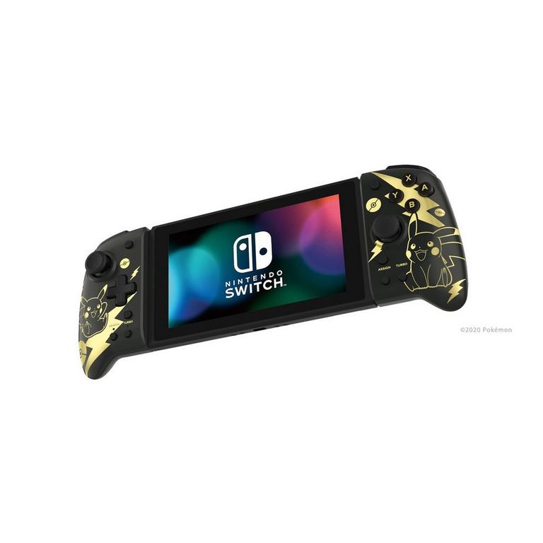 Black and gold Split Pad Pro for Nintendo Switch featuring Pikachu designs, with textured grips and large buttons for enhanced gameplay.